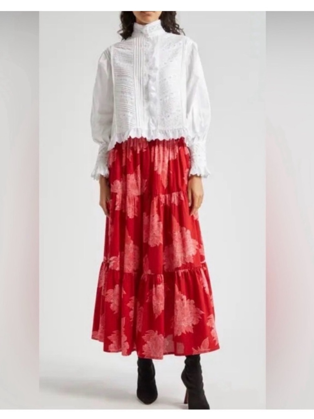 NWT Mille Anthropologie Paola Ruffle Maxi Skirt in Red Floral size Small - Picture 13 of 13